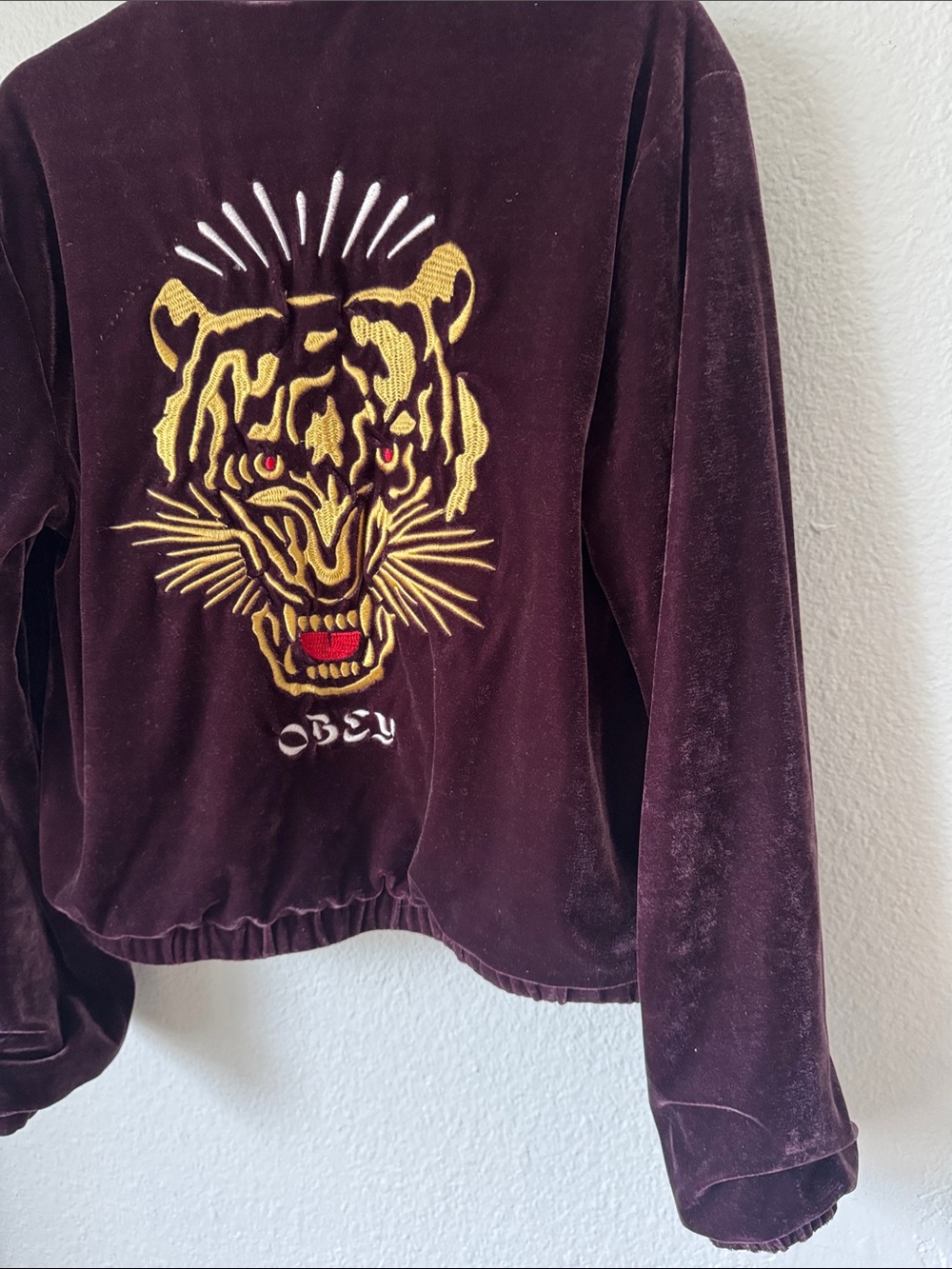 Obey Velvet Jacket with Gold Tiger Embroidery in Deep Plum - Picture 2 of 9